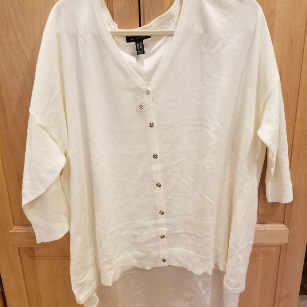 H Halston Bone 3/4-Sleeve Boyfriend Cardigan Cross